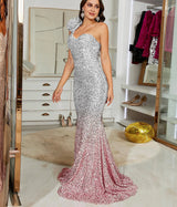 White /silver /pink Gradient mermaid Evening dress with one shoulder floral