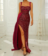 Sequins Suspender Evening Dress with High Slit