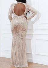 Curvy Sequin Bodycon Plus Size Elegant Long Sleeve Backless Gown