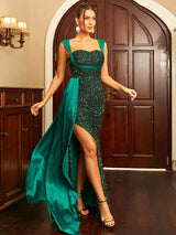 Sequins Suspender Evening Dress with High Slit