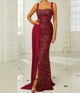 Sequins Suspender Evening Dress with High Slit