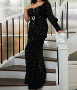Beautiful Curvy Plus Size One Shoulder long sleeve Sequins Black Elegant Evening Dress
