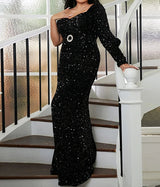 Beautiful Curvy Plus Size One Shoulder long sleeve Sequins Black Elegant Evening Dress