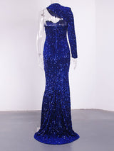 Elegant Single Sleeve Strapless Stretchy Sequin Evening Dress
