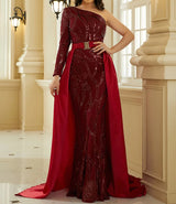 Sophisticated Sequins One Shoulder Mermaid Formal Dress With Belted Skirt