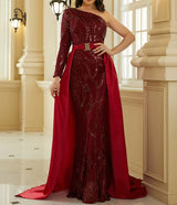 Sophisticated Sequins One Shoulder Mermaid Formal Dress With Belted Skirt