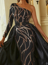 Sophisticated Sequins One Shoulder Mermaid Formal Dress With Belted Skirt