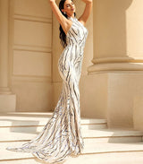 Open Back Sequin Halter Neck Sleeveless Long Gown