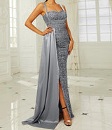 Sequins Suspender Evening Dress with High Slit