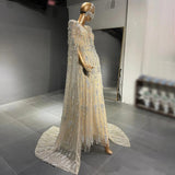 NEW Luxurious Crystal Pearls Evening Dress with Cape Sleeves Elegant
