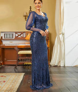 Elegant Navy Blue Long sleeve Bodycon sweetheart neckline sequins Evening Dress