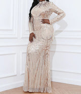 Curvy Sequin Bodycon Plus Size Elegant Long Sleeve Backless Gown