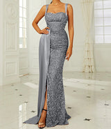 Sequins Suspender Evening Dress with High Slit