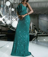 Off Shoulder Ruffle Neck Green Sequin A-line Fitted Dress