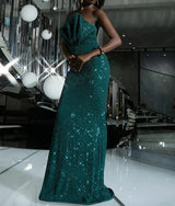 Off Shoulder Ruffle Neck Green Sequin A-line Fitted Dress