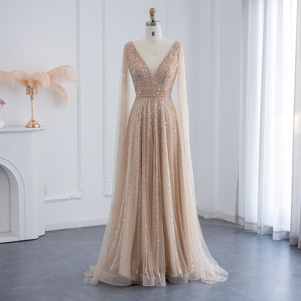 new elegant party dress luxury New Elegant Luxury Evening Dress with Cape Sleeves A-Line Blue / 16