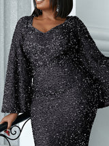PLUS SIZE Sweetheart Neck Maxi Sequin Trumpet Sleeve Gown