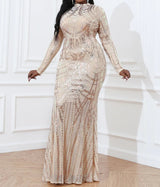 Curvy Sequin Bodycon Plus Size Elegant Long Sleeve Backless Gown