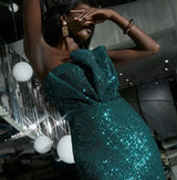 Off Shoulder Ruffle Neck Green Sequin A-line Fitted Dress