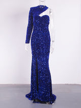 Elegant Single Sleeve Strapless Stretchy Sequin Evening Dress
