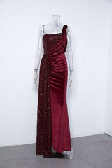 Velvet High Slit One Shoulder Elegant Evening Dress