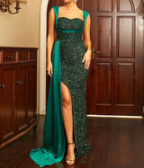 Sequins Suspender Evening Dress with High Slit
