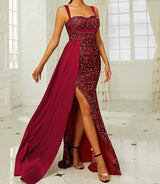 Sequins Suspender Evening Dress with High Slit