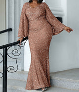 PLUS SIZE Sweetheart Neck Maxi Sequin Trumpet Sleeve Gown