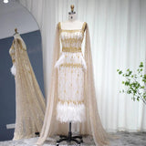 New Luxury Feather Crystal Evening Dress with Bling Cape