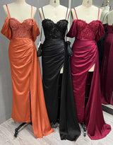Luxury Embroidered Silk Satin Evening Gown with Sexy Slit and Beading - Perfect for Formal Events and Bridesmaids