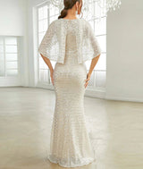 Elegant Apricot Sequin Mermaid Cloak cover shoulder Evening Dress