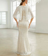 Elegant Apricot Sequin Mermaid Cloak cover shoulder Evening Dress