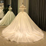 2023 New Gorgeous Appliques Chapel Train Off Shoulder Beaded Ball Gown