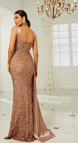 Sequins Suspender Evening Dress with High Slit