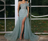 Elegant Handcrafted One shoulder cap sleeve Split Evening Dress.