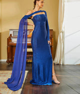 Sexy Glitter Blue One shoulder Evening Prom Bridesmaid Dress with Split and cape