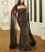 Glamorous Plus Size Mermaid Evening Dress with Sequins, Elegant Cloak Sleeves and Strapless Design