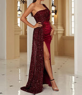 Elegant Long Cocktail Sequins Dress with One Shoulder Draped split Satin Evening Gown