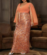 Plus Size Formal V Neck Sequin Slit Back Cloak Dress