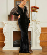 Elegant Black Sequin Velvet Evening Gown with Lantern Sleeves and Backless Design - Perfect for Weddings, Proms, and Other Special Occasions