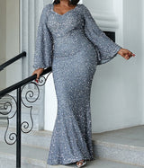 PLUS SIZE Sweetheart Neck Maxi Sequin Trumpet Sleeve Gown
