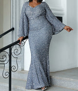 PLUS SIZE Sweetheart Neck Maxi Sequin Trumpet Sleeve Gown