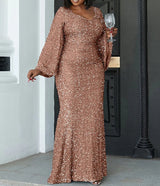 PLUS SIZE Sweetheart Neck Maxi Sequin Trumpet Sleeve Gown