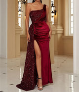 Elegant Long Cocktail Sequins Dress with One Shoulder Draped split Satin Evening Gown