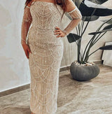 Elegant hand-made Couture Mermaid Evening Dress with Pearls - Strapless Long Formal Prom/Wedding Party Gown