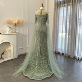 NEW Mint Green Luxury Mermaid Evening Dress with Cape Sleeves