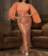 Plus Size Formal V Neck Sequin Slit Back Cloak Dress