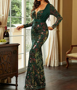 Elegant Green Mermaid Party Dress with Sequined Flower Pattern and Long Sleeves - Perfect for Weddings, Proms, and Formal Events