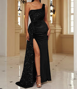 Velvet High Slit One Shoulder Elegant Evening Dress