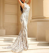 Open Back Sequin Halter Neck Sleeveless Long Gown